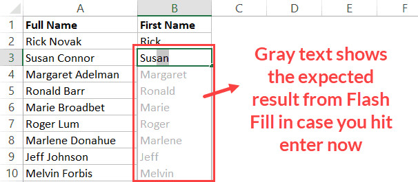 Flash Fill hiển thị gợi ý màu xám dựa trên mẫu