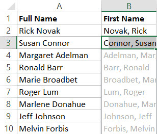 Flash Fill sắp xếp lại định dạng tên theo mẫu mới