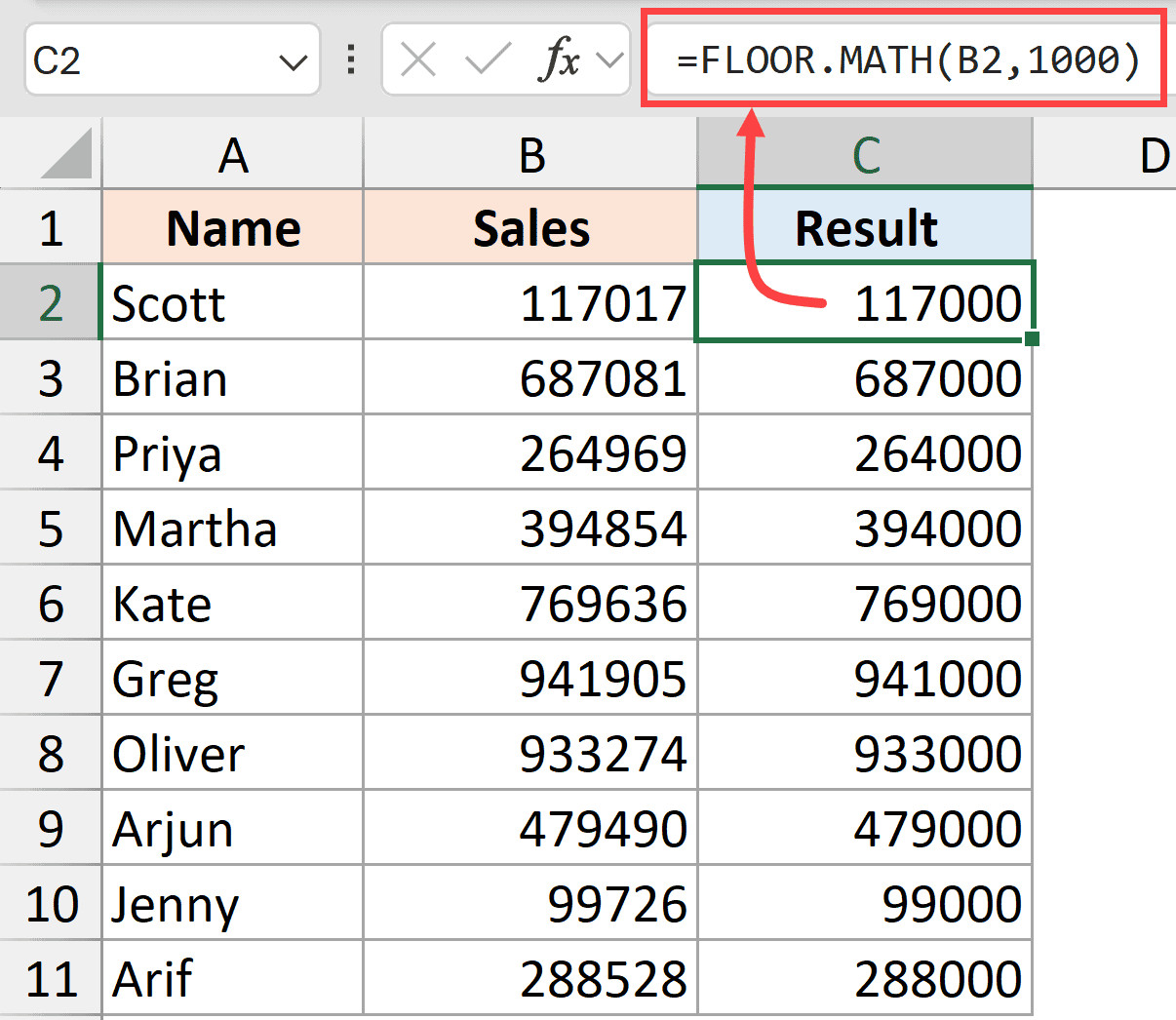 FLOOR.MATH làm tròn xuống sàn theo bội số