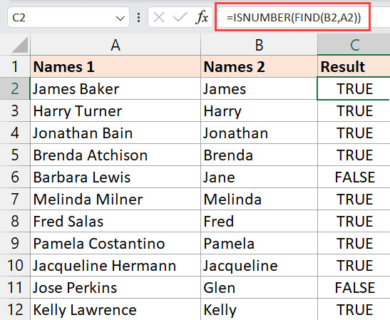 Formula to compare text and check for partial match