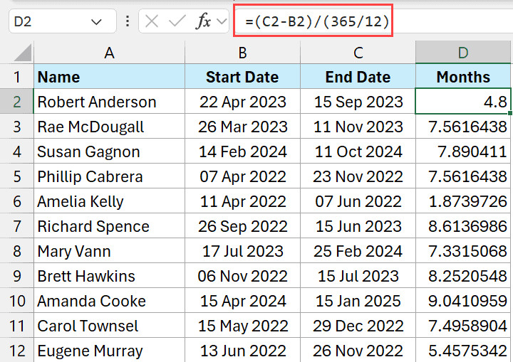 Formula to convert days to months INT Formula