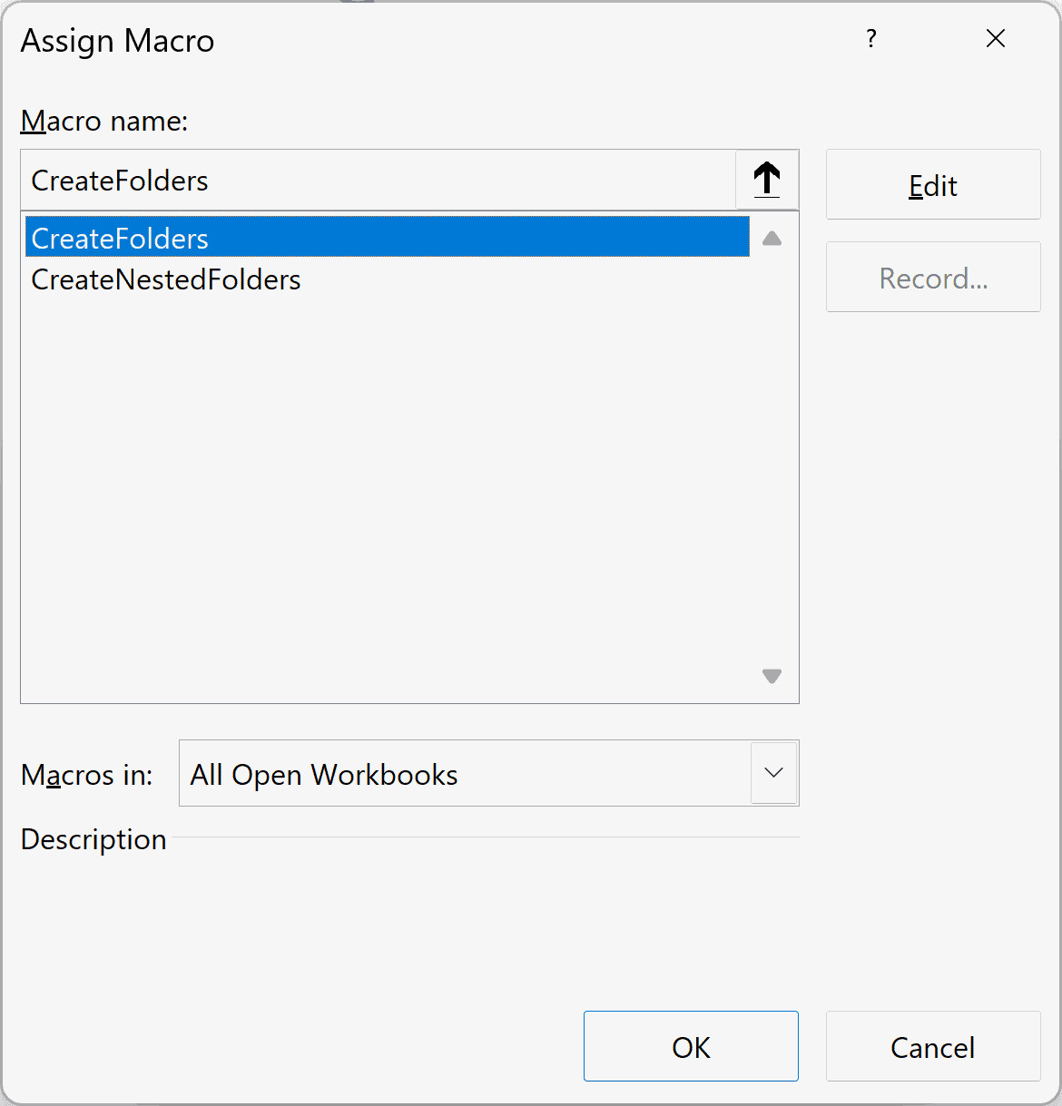 Gán Macro CreateFolders cho nút bấm vừa tạo