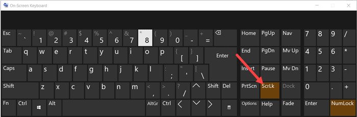 Giao diện bàn phím ảo On-Screen Keyboard với phím ScrLk được khoanh vùng
