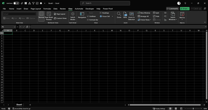 Giao diện Excel hiển thị hoàn toàn ở chế độ Dark Mode bao gồm cả vùng lưới