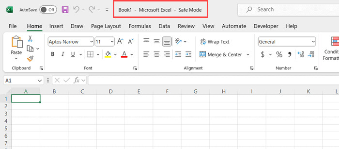 Giao diện Excel khi đã mở thành công trong chế độ Safe Mode
