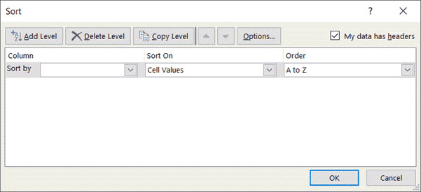 Giao diện hộp thoại Sort trong Excel