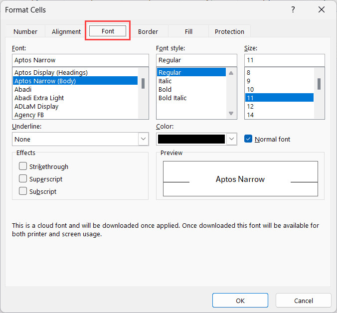 Giao diện thẻ Font trong hộp thoại Format Cells