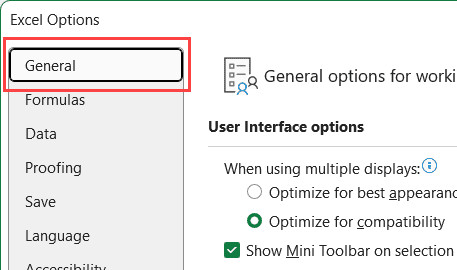 Giao diện thẻ General trong hộp thoại Excel Options