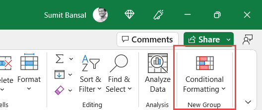 Group mới đã xuất hiện trên thanh Ribbon thực tế