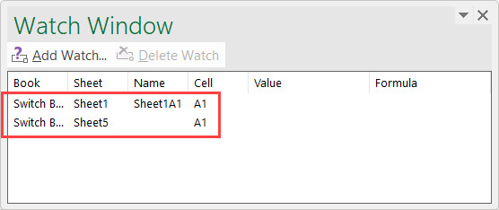 Hai ô từ các sheet khác nhau đã được thêm vào cửa sổ Watch Window
