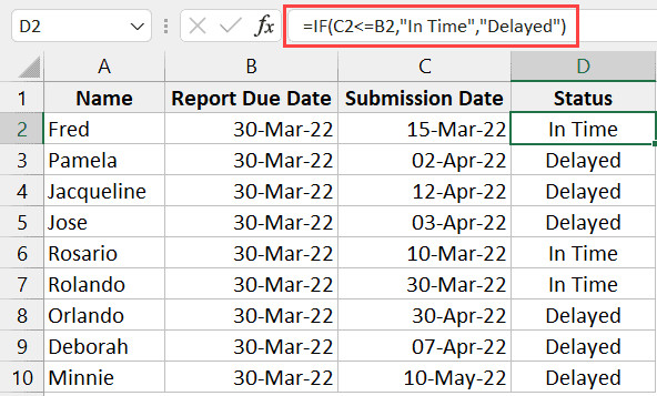 Hàm IF trong Excel dùng để so sánh ngày và trả về kết quả văn bản cụ thể