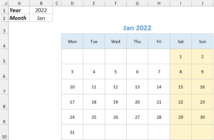 Highlighting Weekend Days in the Calendar