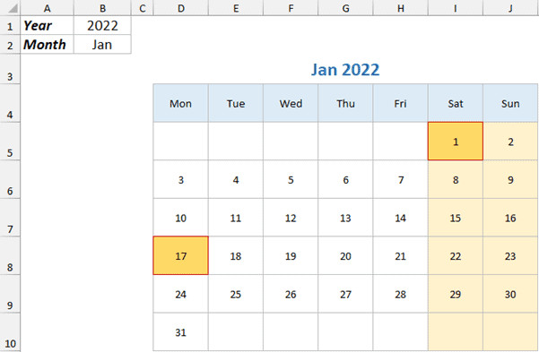 Holidays highlighted in the monthly calendar