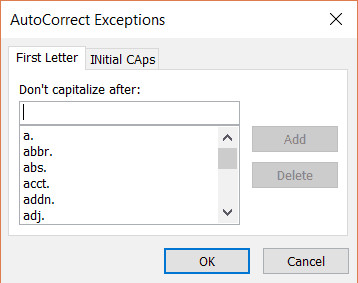 Hộp thoại AutoCorrect Exceptions chi tiết