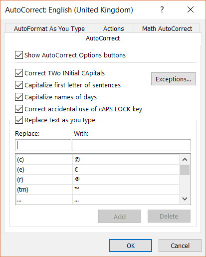 Hộp thoại AutoCorrect Options đầy đủ