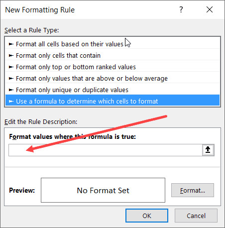 Hộp thoại chỉnh sửa quy tắc định dạng hiển thị nơi nhập công thức chính xác