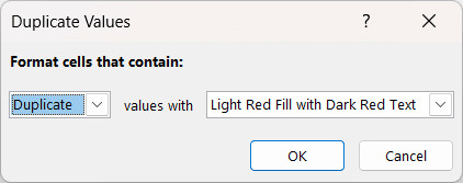 Hộp thoại Duplicate Values với các tùy chọn định dạng