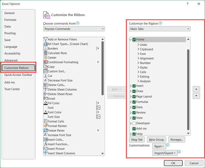 Hộp thoại Excel Options hiển thị giao diện tùy chỉnh Ribbon
