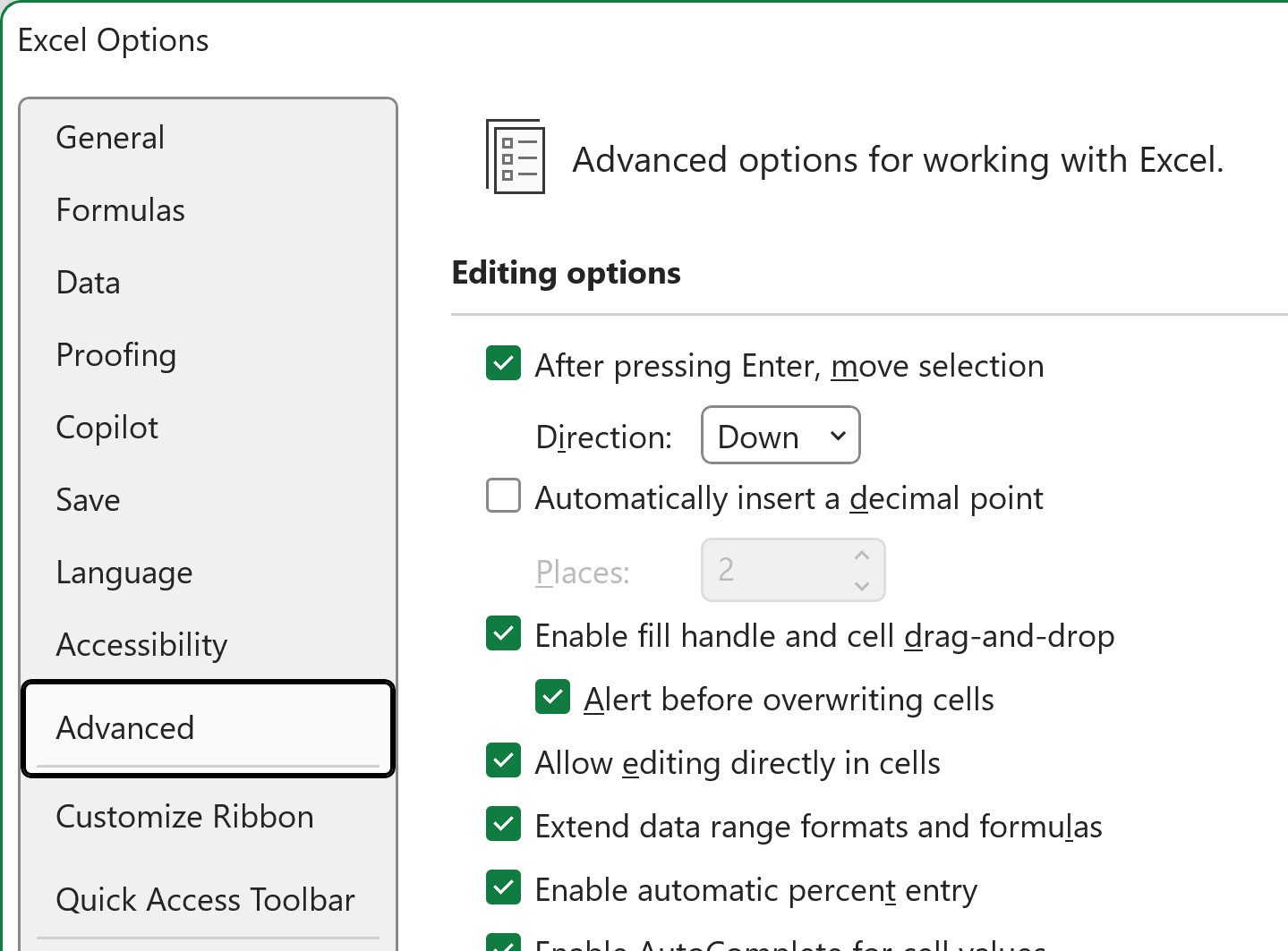 Hộp thoại Excel Options hiển thị tab Advanced để cài đặt nâng cao