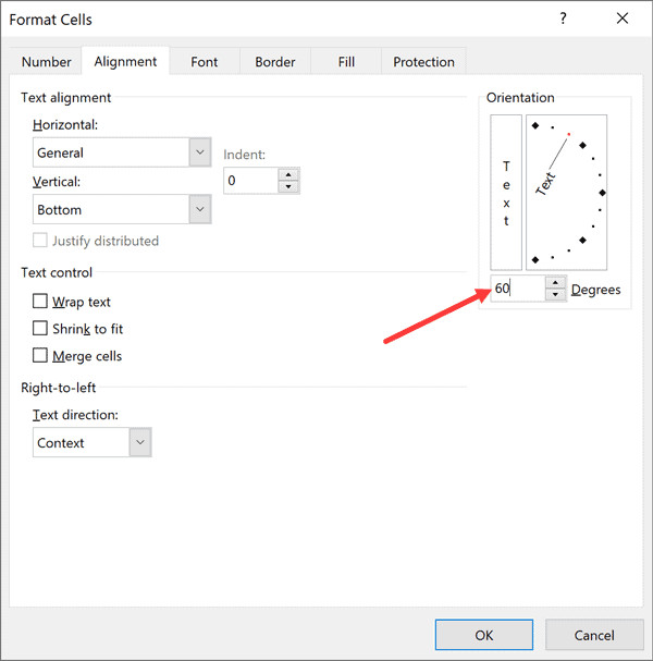 Hộp thoại Format Cells cho phép nhập số độ chính xác để xoay văn bản