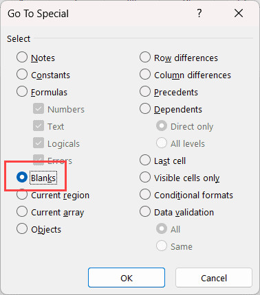 Hộp thoại Go To Special với tùy chọn Blanks
