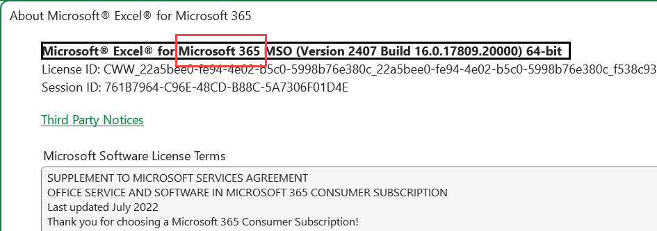 Hộp thoại hiển thị phiên bản Excel chính xác cùng kiến trúc 32-bit hoặc 64-bit