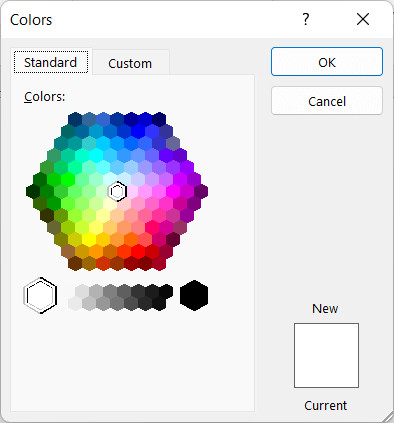 Hộp thoại More Colors cho phép tùy chỉnh màu sắc chi tiết theo mã RGB hoặc Hex