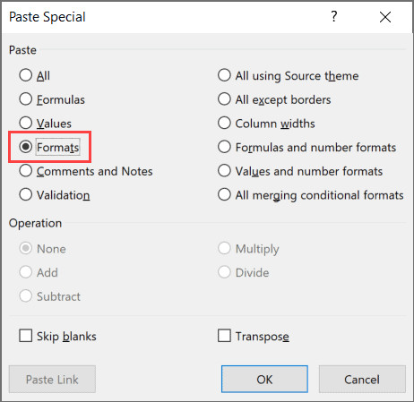 Hộp thoại Paste Special với tùy chọn Formats được chọn