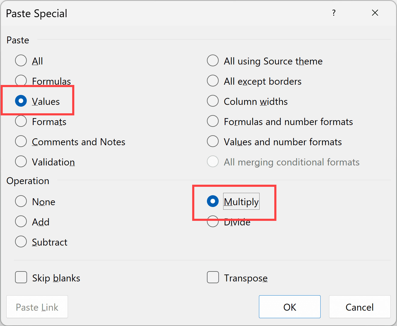 Hộp thoại Paste Special với tùy chọn Values và Multiply được chọn