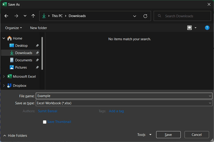 Hộp thoại Save As trong Excel hiển thị các tùy chọn lưu file