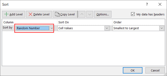 Hộp thoại Sort thiết lập sắp xếp theo cột số ngẫu nhiên