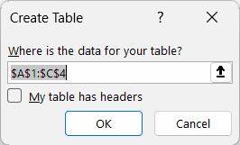 Hộp thoại tạo bảng