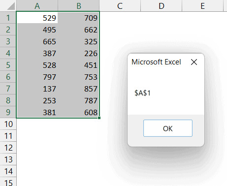 Hộp thoại thông báo hiển thị địa chỉ tuyệt đối của ô đang hoạt động