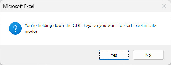 Hộp thoại xác nhận khởi động Excel ở chế độ Safe Mode