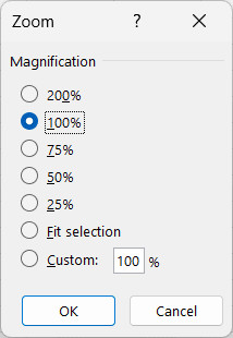 Hộp thoại Zoom cho phép chọn tỷ lệ định sẵn hoặc nhập số tùy chỉnh