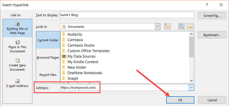 Insert Hyperlink Dialog box