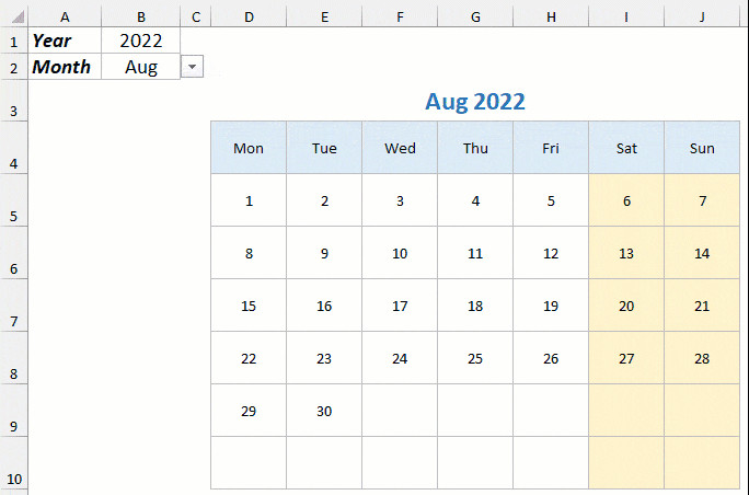 Interactive Monthly Calendar in Excel Demo