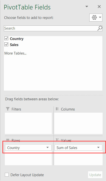 Kéo thả các trường dữ liệu vào khu vực Rows và Values