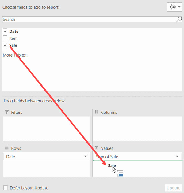 Kéo trường Sale vào vùng Values lần thứ hai