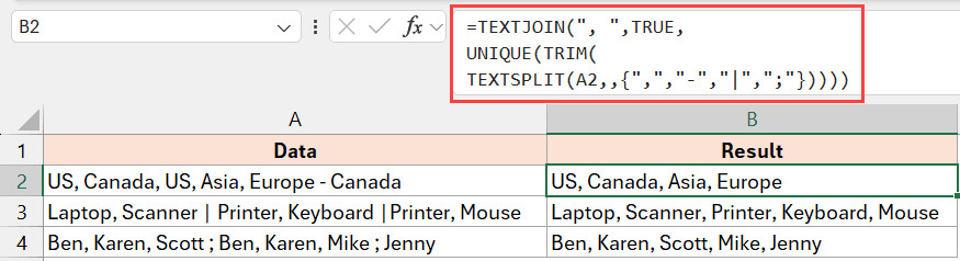 Kết quả công thức xử lý nhiều ký tự phân cách trong một ô Excel