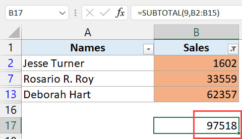 Kết quả hàm SUBTOTAL thay đổi chỉ tính tổng các ô màu được lọc