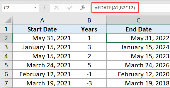 Kết quả hiển thị sau khi dùng hàm EDATE nhân với 12 để cộng năm