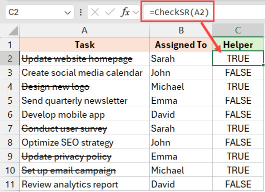 Kết quả hiển thị TRUE hoặc FALSE sau khi áp dụng hàm tự tạo