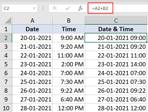 Kết quả phép cộng đơn giản để gộp ngày và giờ