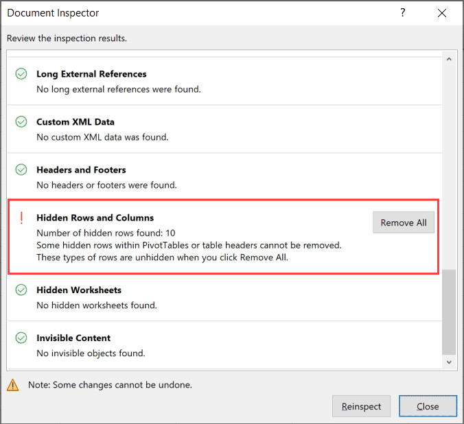 Kết quả quét hiển thị số lượng hàng và cột ẩn được tìm thấy
