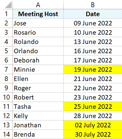 Kết quả sau khi áp dụng Conditional Formatting cho ngày cuối tuần