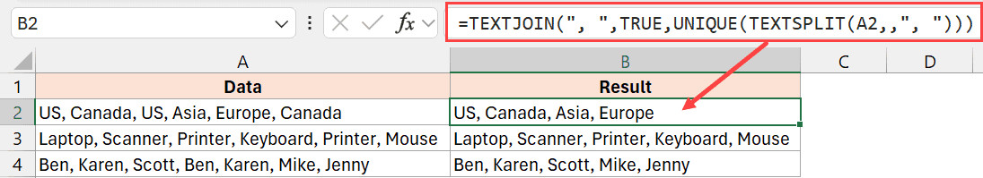 Kết quả sau khi áp dụng công thức TEXTJOIN kết hợp UNIQUE và TEXTSPLIT