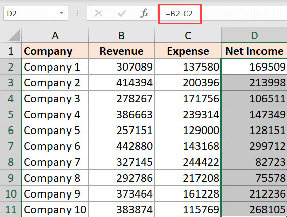 Kết quả tính toán chênh lệch cho toàn bộ bảng dữ liệu