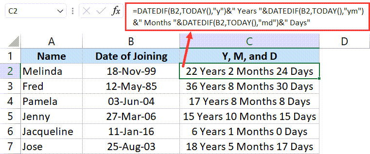 Kết quả tính toán thời gian làm việc tự động cập nhật đến ngày hiện tại