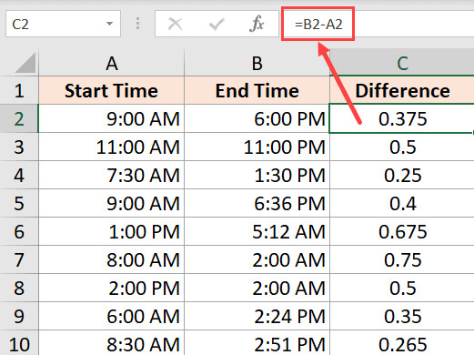 Kết quả trừ thời gian hiển thị dưới dạng số thập phân